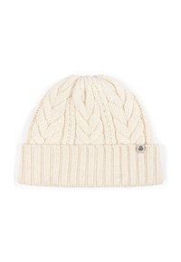 Knit beanie in cream with a cable pattern and ribbed cuff. Made of soft yarn, featuring a small logo tag on the side.