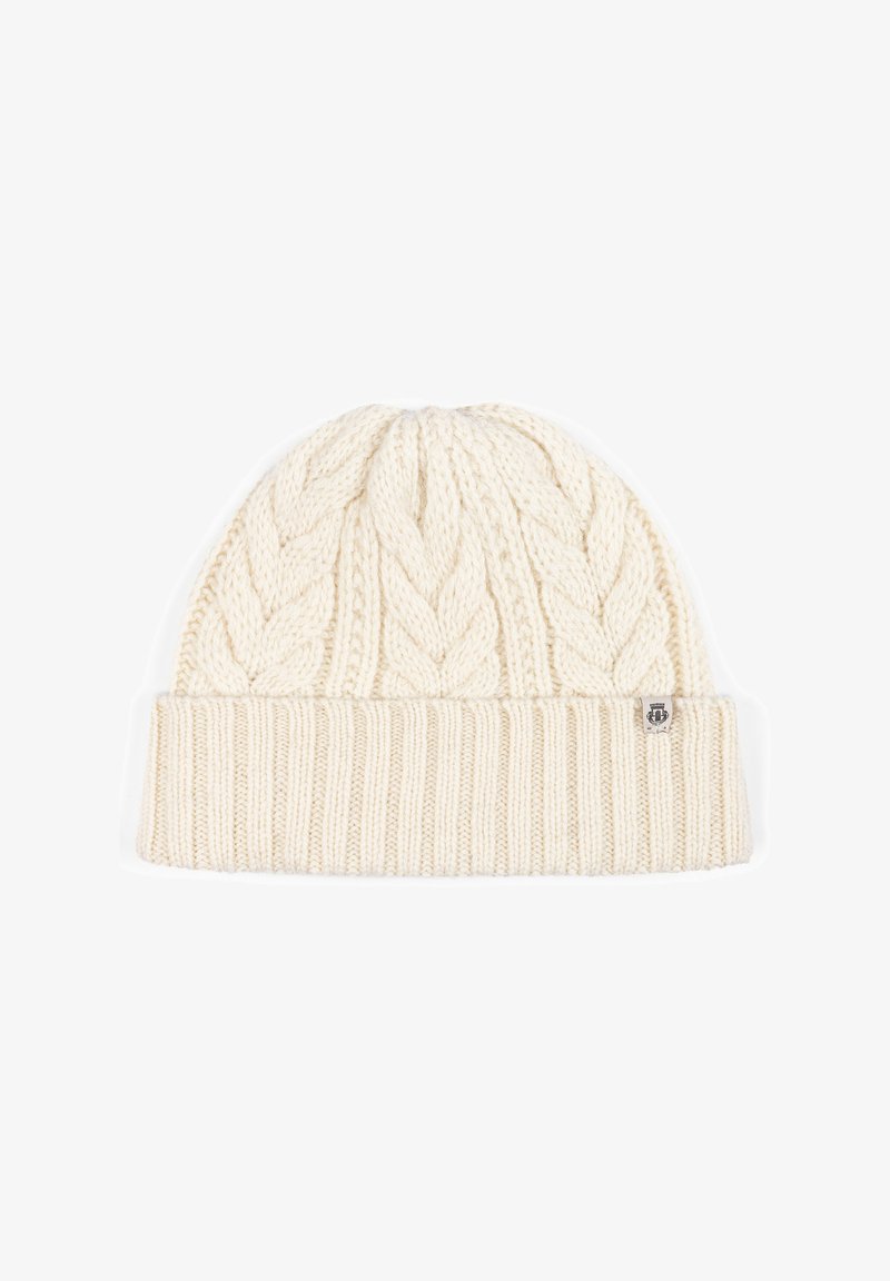 Knit beanie in cream with a cable pattern and ribbed cuff. Made of soft yarn, featuring a small logo tag on the side.