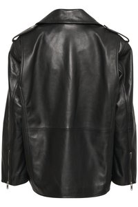Black leather jacket with a wide collar, back yoke, two side zippers, and smooth texture. Features a relaxed fit and minimalistic design.