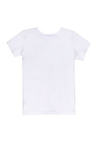 T-shirt bianco a maniche corte, scollatura tonda, tessuto di cotone, texture liscia, senza stampe né grafiche, orlo dritto in fondo.