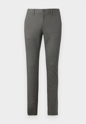 Gray tailored trousers with a textured finish, slim fit design, front pockets, and a single button closure at the waist.