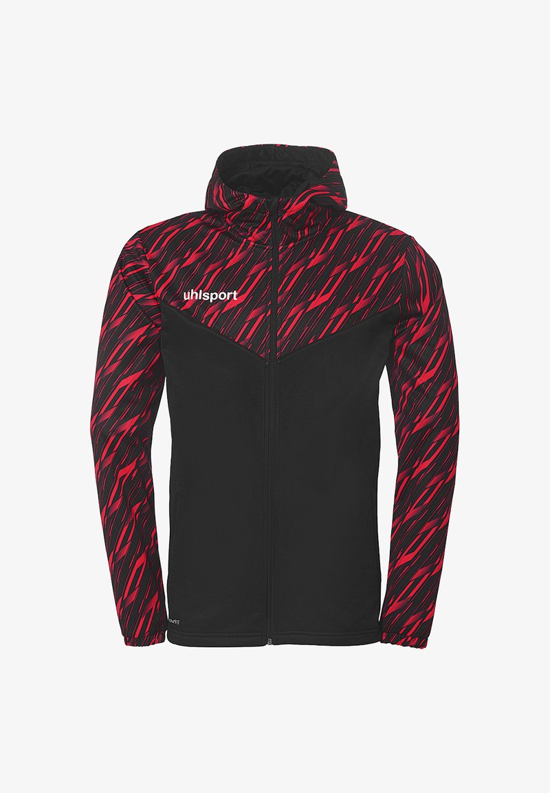 Hættejakke med en sort krop og rød skråstribet mønster på ærmerne, med en frontlynlås og logo på venstre bryst.