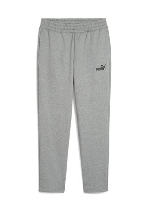 Grå sweatpants med elastisk talje, tapered ben og et lille sort PUMA-logo. Lavet af blødt stof med en glat tekstur.