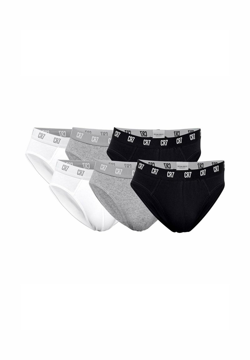 Fünf Paar Herrenunterhosen in Weiß, Grau und Schwarz. Jede hat einen kontrastierenden elastischen Bund mit dem CR7-Logo. Aus Baumwollmaterial.