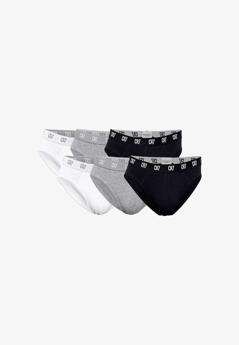 Fünf Paar Herrenunterhosen in Weiß, Grau und Schwarz. Jede hat einen kontrastierenden elastischen Bund mit dem CR7-Logo. Aus Baumwollmaterial.