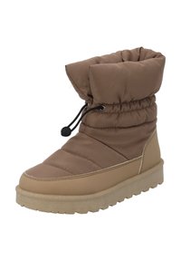 Brauner gepolsterter Winterstiefel mit einem Kordelzugkragen, beigefarbener Gummisohle und strukturiertem Material. Verfügt über eine abgerundete Zehenpartie und robuste Bauweise.