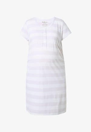 Noční košile s krátkými rukávy v bílých a světle šedých horizontálních pruzích, s kulatým výstřihem a čtyřmi knoflíky, délka po kolena, z měkké látky.