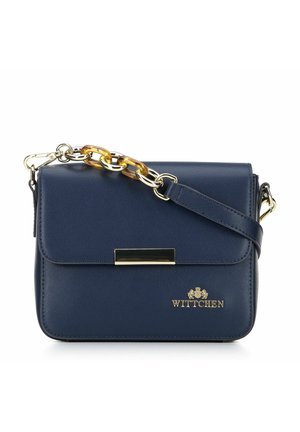 Navy blue leather crossbody bag with gold accents, chain detail, and a magnetic flap closure; features a logo at the front.