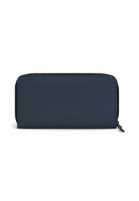 Billetera de cierre con cremallera de color azul oscuro, con un acabado suave y brillante, cremallera negra y forma rectangular. Diseño minimalista sin adornos visibles.