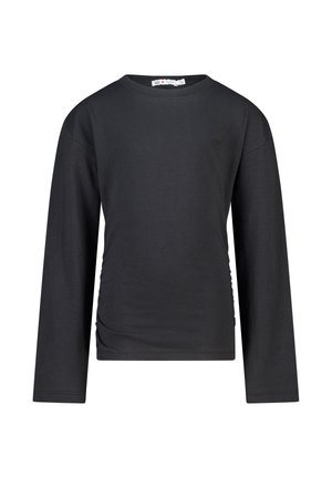 Zwarte lange mouw shirt gemaakt van katoen. Heeft een ronde halslijn en geplooide details aan één kant. Eenvoudig ontwerp, geen zichtbare patronen of graphics.