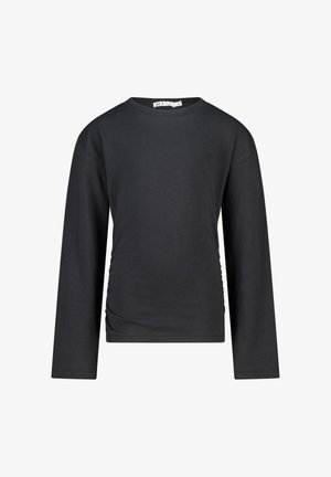 Camisa negra de manga larga hecha de algodón. Presenta un cuello redondo y un detalle fruncido en un lado. Diseño sencillo, sin patrones ni gráficos visibles.