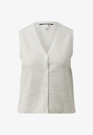 Jasnoszara, bezrękawnikowa kamizelka dzianinowa z dekoltem w serek i pięcioma białymi guzikami z przodu.