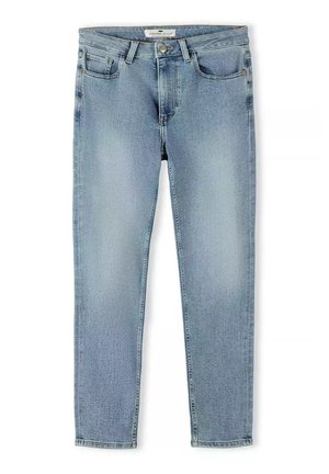 Jasnoniebieskie dżinsy o slim fit, pięć kieszeni, zapięcie na guzik i zamek błyskawiczny oraz delikatne przetarcia na całej tkaninie.
