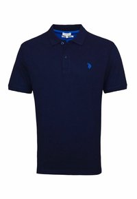 Polo de manga corta azul marino con dos botones, un cuello y un pequeño logo azul bordado en el lado izquierdo del pecho.