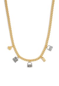 Gold-tone chain necklace featuring five charms: a heart, a studded square, a handbag, a tag, and a rectangular charm with a clasp.