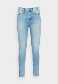 Jeans skinny de denim azul claro com cintura alta, dois bolsos frontais e fechos de correr na bainha para um toque moderno.