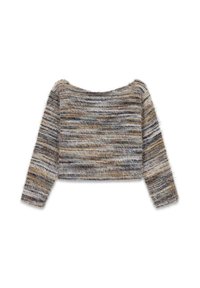 Pull court en maille duveteuse à manches longues avec des rayures horizontales dans des tons marron, gris et beige sur fond blanc.