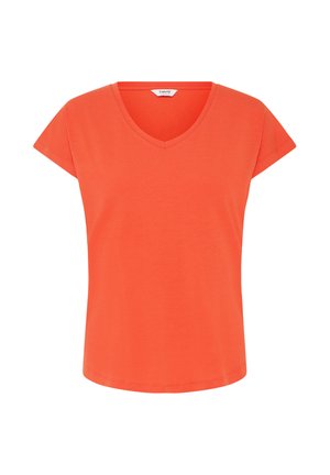Kirkkaan oranssi, lyhythihainen V-kaula-aukkoinen ja vartalonmyötäisesti leikattu T-paita, esitetty valkoista taustaa vasten.