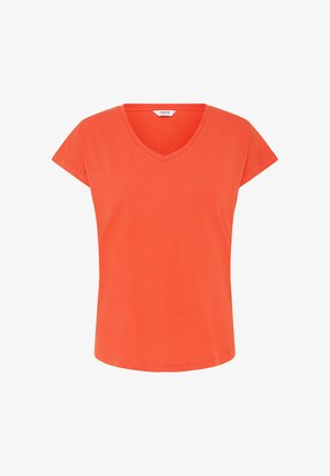Fel oranje T-shirt met korte mouwen, V-hals en een aansluitende pasvorm, afgebeeld tegen een witte achtergrond.