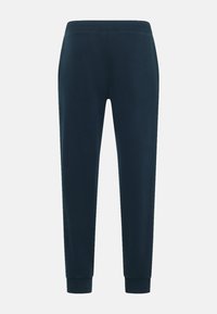 Mørkeblå sweatpants lavet af blødt stof, med et tapered ben-design, elastisk talje og ribbede manchetter. Ingen synlige lommer eller mønstre.