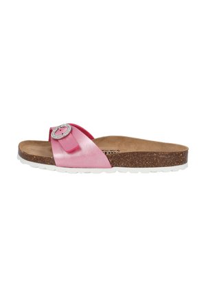 Rosa Rutschsandal mit metallic-glänzendem Riemen und einer runden dekorativen Schnalle. Verfügt über ein Korkfußbett und eine weiße Gummisohle für zusätzlichen Komfort.