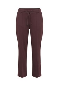 Burgundy capri pants made of soft fabric, featuring an elastic waistband with a drawstring and two side seam pockets. Smooth texture.