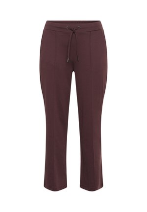 Pantalons capri bordeaux en tissu doux, dotés d'une taille élastique avec cordon de serrage et de deux poches sur les coutures latérales. Texture lisse.