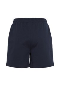 Shorts en coton bleu marine avec taille élastique, présentant un design simple et dépouillé avec une coupe décontractée. Pas de poches ni de détails distincts.