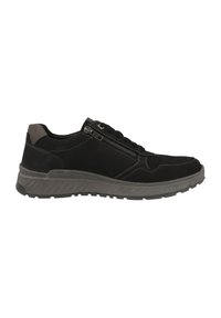 Sneakers neri in suede con cerniera laterale, accenti grigi a contrasto, suola in gomma testurizzata e dettagli cuciti sulla parte superiore.