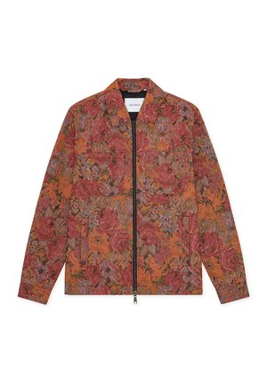 Floral-patterned jacket in warm hues of red, orange, and green, featuring a front zipper and two patch pockets on the chest.