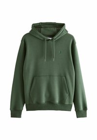 Sweat-shirt à capuche vert avec poche avant, cordons et logo brodé discret sur la poitrine.