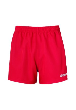 Rode sportshorts van lichtgewicht stof, met een elastische tailleband en het "uhlsport" logo in het wit op de linker onderzijde.