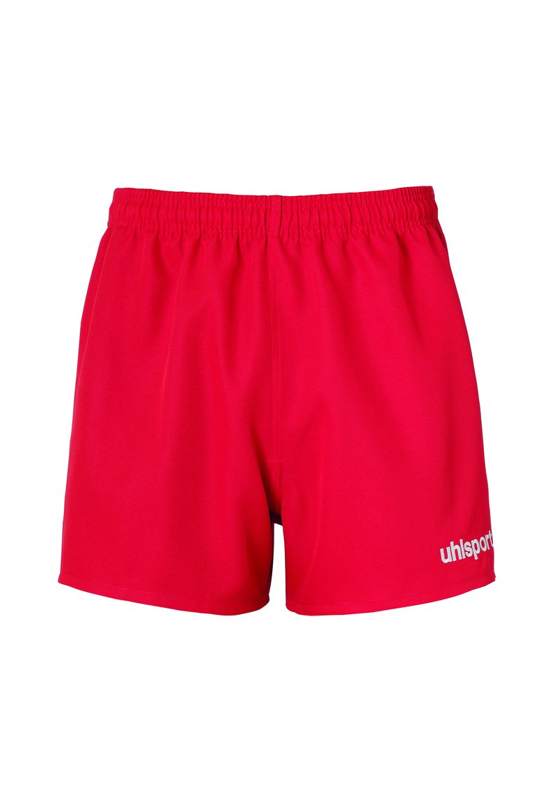 Bermudas deportivas rojas de tejido ligero, con cintura elástica y logo "uhlsport" en blanco en la parte inferior izquierda.