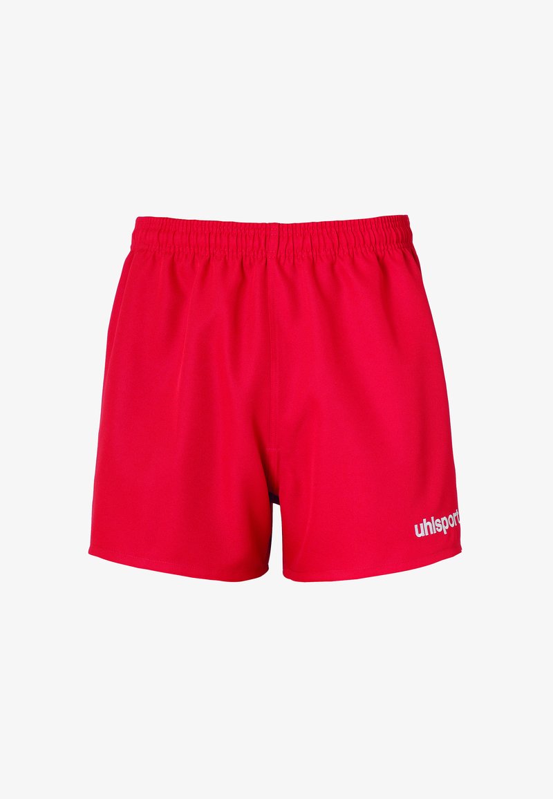 Bermudas deportivas rojas de tejido ligero, con cintura elástica y logo "uhlsport" en blanco en la parte inferior izquierda.