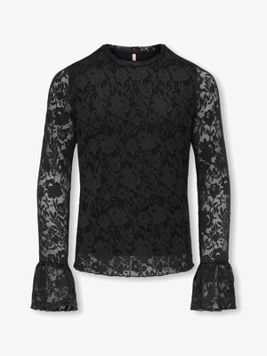 Juoda nėrinių palaidinė ilgomis rankovėmis su gėlėtu raštu, apskritu kaklu ir platėjančiomis rankogalių dalimis. Lengva, permatoma tekstūra, detalus dizainas.