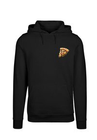 Felpa nera con cappuccio caratterizzata da una grafica di una fetta di pizza che si scioglie, con peperoni e formaggio, sull'area sinistra del petto. Include una tasca frontale.