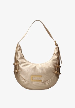 Sac à épaule en or métallique avec une forme arrondie et douce. Il dispose de sangles ajustables, d'accents en métal doré et de subtiles variations de texture.