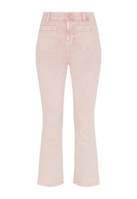 Jean en denim rose à taille évasée avec cinq poches, une braguette zippée et une fermeture à bouton. Présente un léger délavage et une surface douce et texturée.