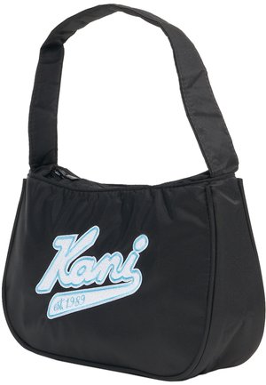 Pequeño bolso de hombro negro con correa ancha y bordado frontal del logo "Kani est. 1989" en azul claro, cierre superior con cremallera y bordes inferiores curvados.