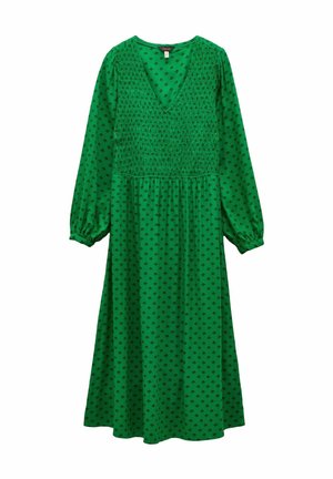 Grünes Midikleid mit kleinem schwarzem Blumenmuster, V-Ausschnitt, gerafftem Oberteil, langen Puffärmeln mit elastischen Bündchen.