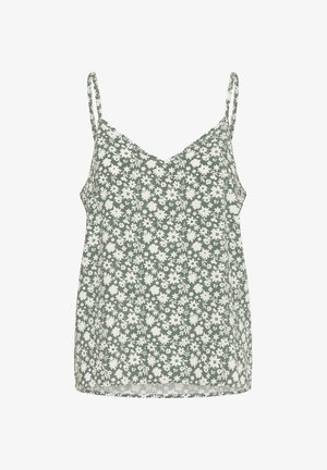 Kwiatowa koszulka na ramiączkach w zielonym bawełnianym materiale, z białymi wzorami stokrotek, regulowanymi cienkimi ramiączkami oraz dekoltem w kształcie litery V.