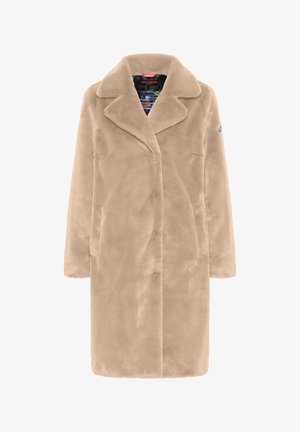 Beige, lange jas gemaakt van zachte nepbont. Voorzien van een reverskraag, lange mouwen en een knoopsluiting aan de voorkant met een binnenvoering met patroon.