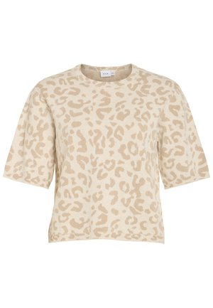 Bēšs īsroku adīts tops ar gaiši brūnu leoparda rakstu un apaļu apkakli.
