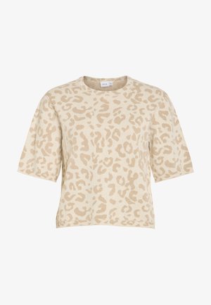 Béžna pletena majica s kratkimi rokavi in svetlo rjavim vzorcem leoparda ter okroglim izrezom.