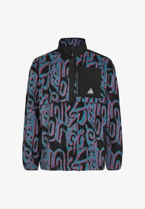 Fleece pullover in black, featuring swirling patterns in turquoise and pink. Includes a zippered chest pocket and high collar.
