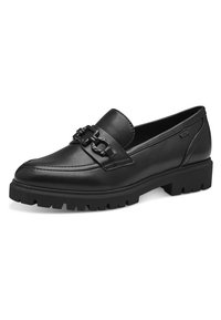 Mocassin en cuir noir avec semelle épaisse à crampons et détail décoratif chaîne sur le dessus, conçu pour une tenue décontractée ou formelle.