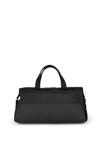 Svart duffelväska gjord av slitstark tyg med slät textur, utrustad med två handtag ovanpå och ett avtagbart axelband. Dragkedjestängning.