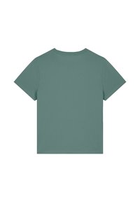 Groene katoenen t-shirt met korte mouwen en een ronde hals. Soepele textuur en eenvoudig ontwerp, met geen zichtbare patronen of logo's op de achterkant.