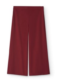 Pantaloni a gamba larga bordeaux con una texture liscia, vita elastica e senza hardware o motivi visibili. Taglio pulito all'orlo inferiore.