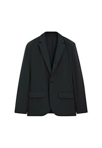 Blazer nero monopetto con rever a punta, chiusura a un bottone e tasche a pattina sul davanti, su sfondo bianco.